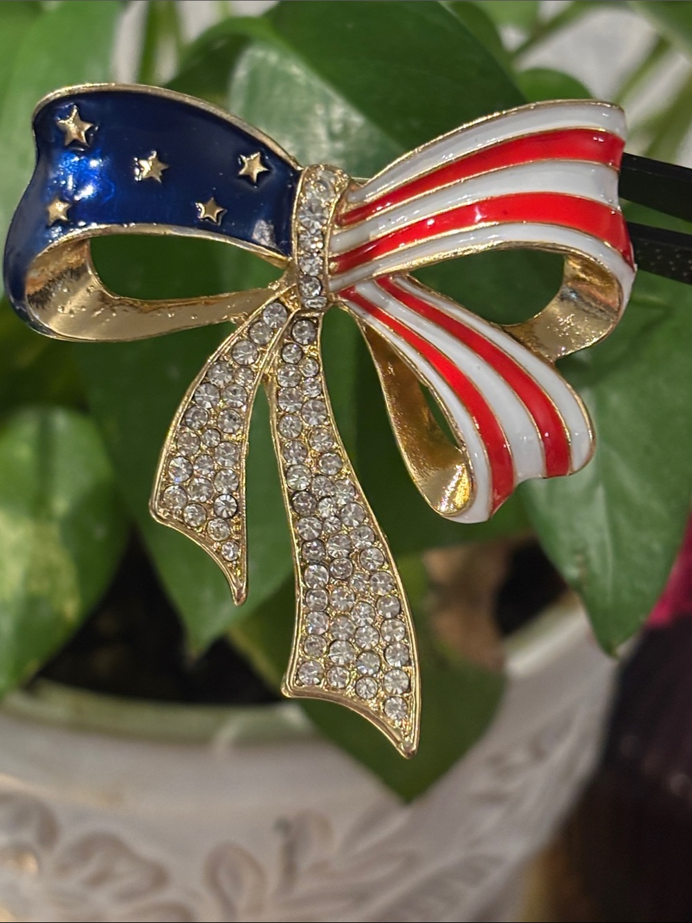 Patriotic Bow Crystal Brooch - Gold, Red, White & Blue